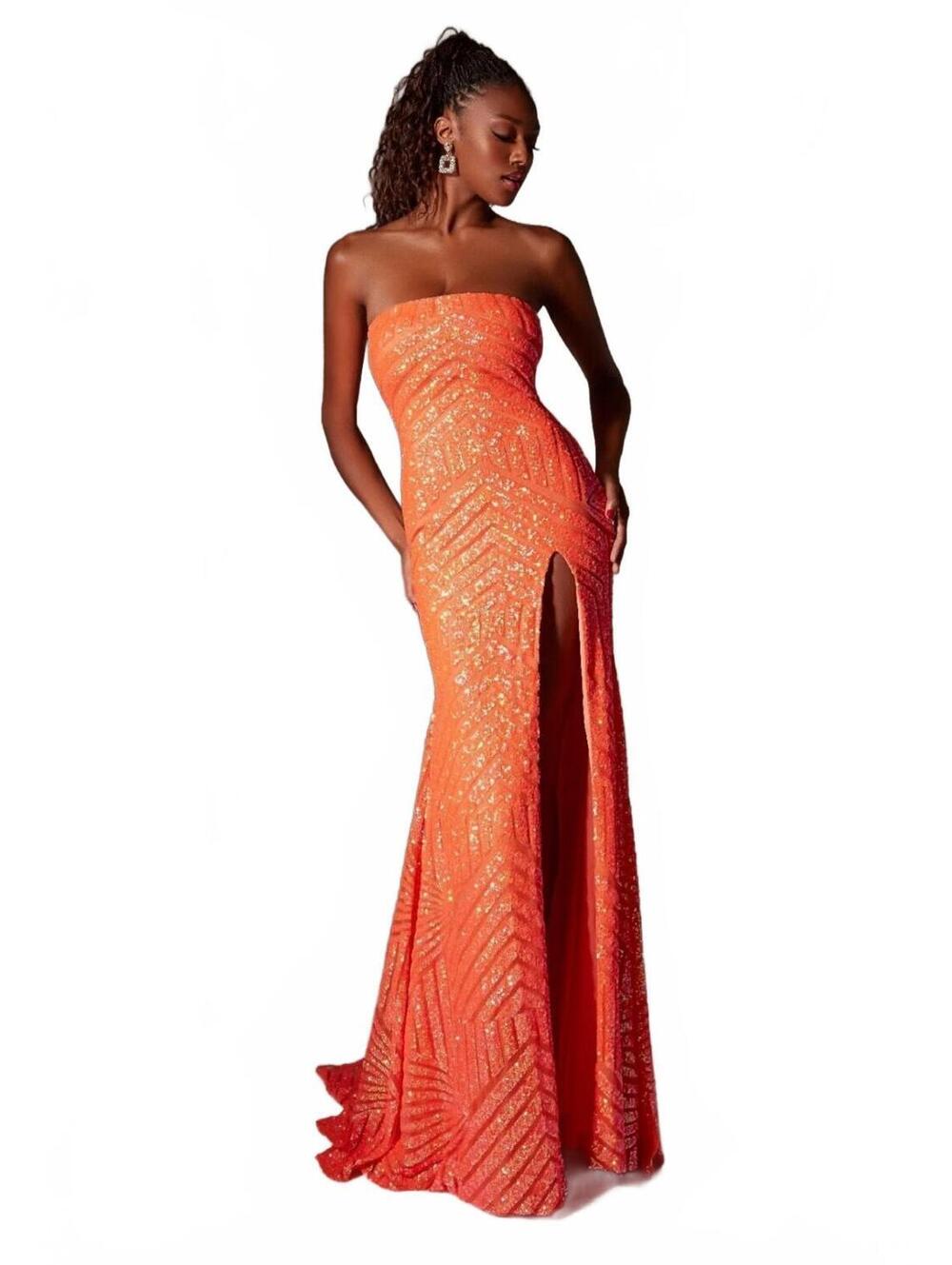 Prom 27 Dress Size 0 Orange Sequin Strapless Slit Gown Beach Wedding Guest